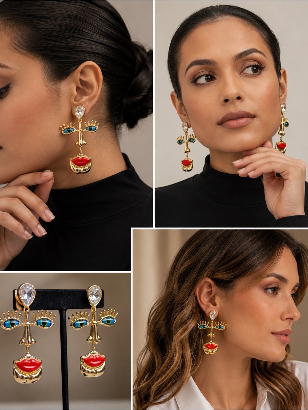 Surrealist Face Statement Dangle Earrings Gold Red Blue Crystal 3”